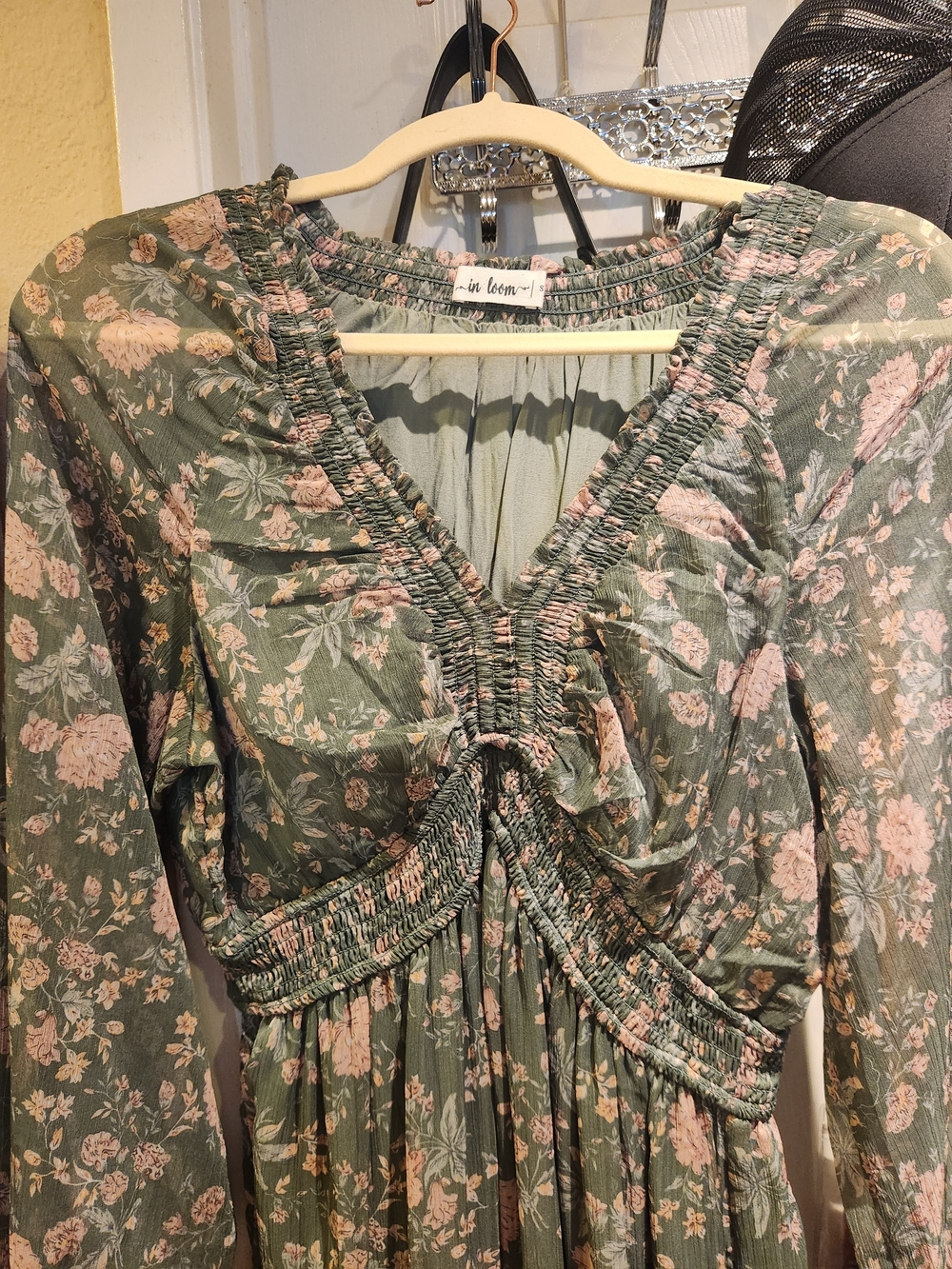 Floral Green Long Sleeve Maxi Dress - Feminine Ruffle Detail - Picture 2 of 4